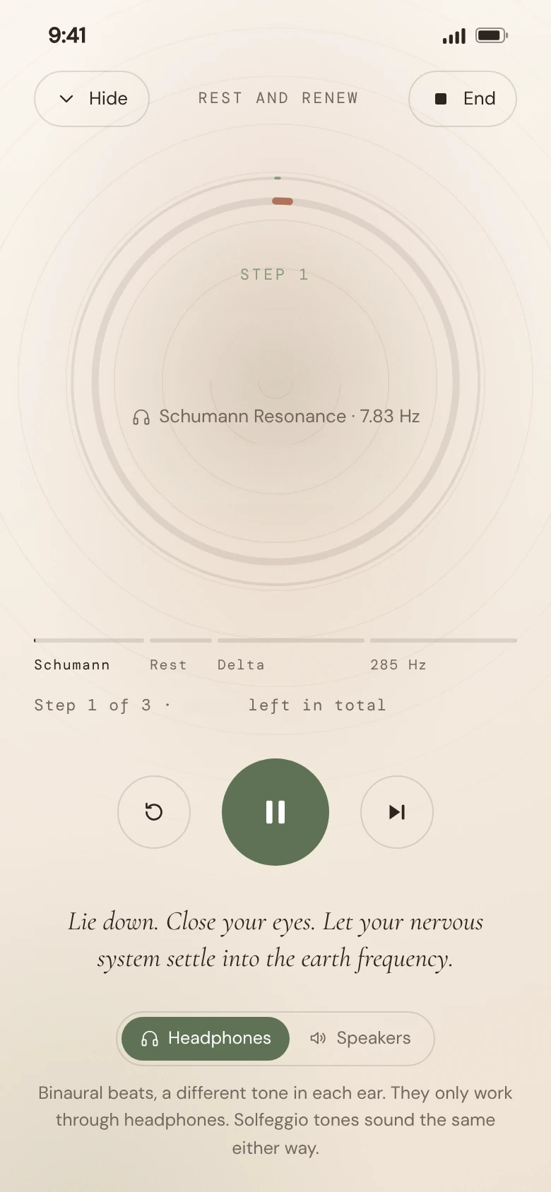 The Skin Resonance player in cream, running Rest and renew: step one, 7.83 Hz Schumann resonance, a timer ring with a slow wave inside, and a choice of headphones or speakers