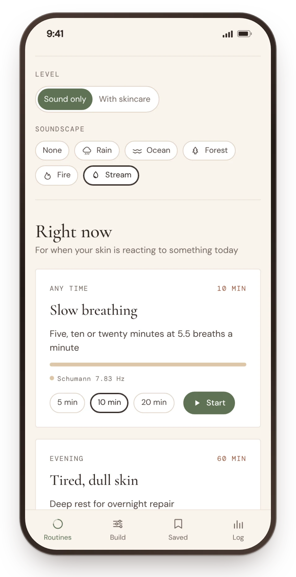The Routines tab: the Sound only or With skincare level, the soundscapes, then the routine cards, Slow breathing first with a choice of five, ten or twenty minutes