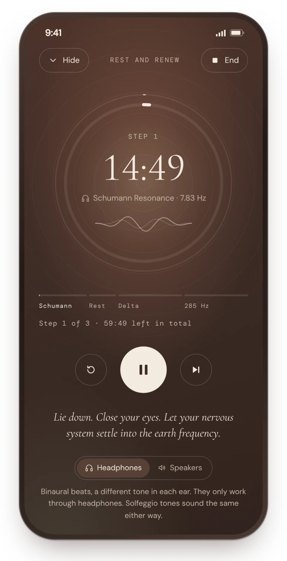 A routine playing full screen: step one, 7.83 Hz Schumann resonance, a timer ring with a slow wave inside, the steps underneath, back, pause and skip, and a headphones or speakers switch