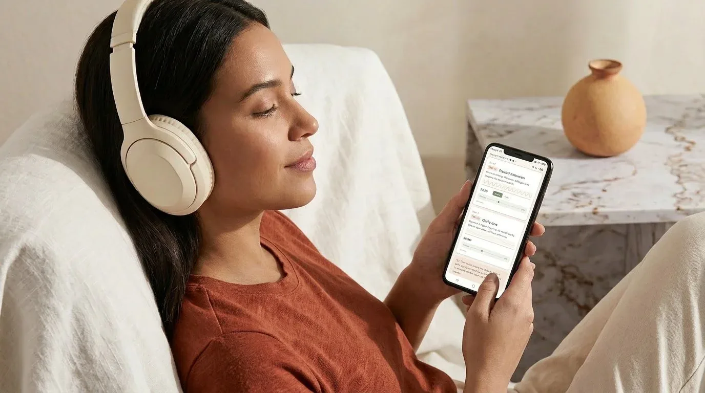 Woman resting in warm light wearing headphones and using the Skin Resonance app on her phone